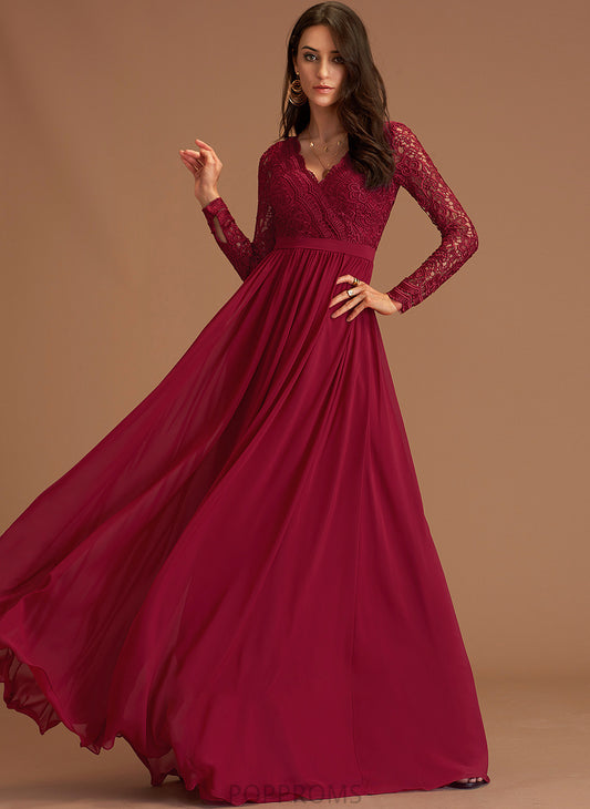 Lace Sahna With A-Line Prom Dresses Floor-Length V-neck Chiffon