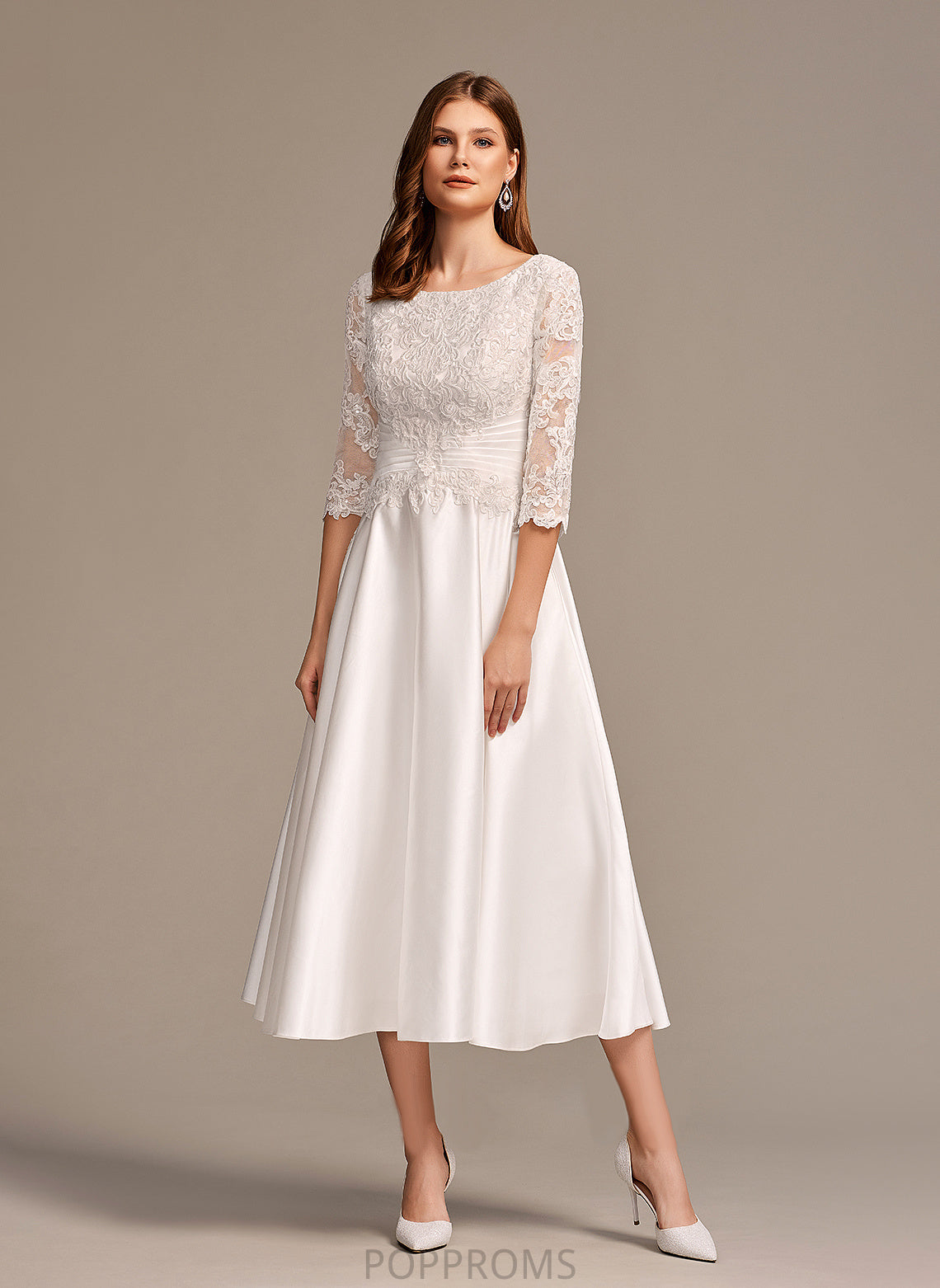 Dress Scoop Satin Ingrid With Wedding Dresses Tea-Length Lace Wedding A-Line Neck Pockets