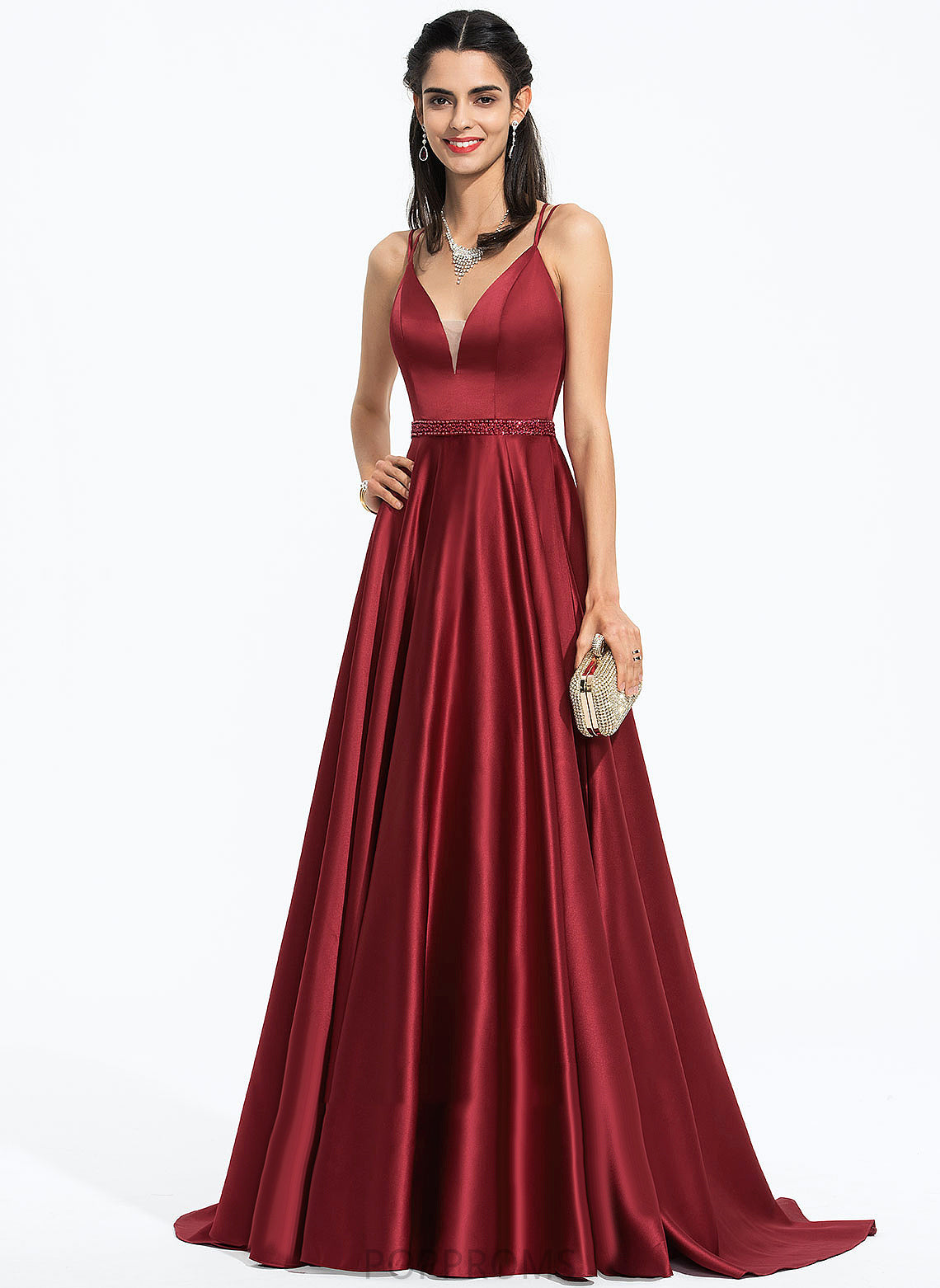 With A-Line Prom Dresses Train V-neck Sarahi Satin Sequins Beading Sweep