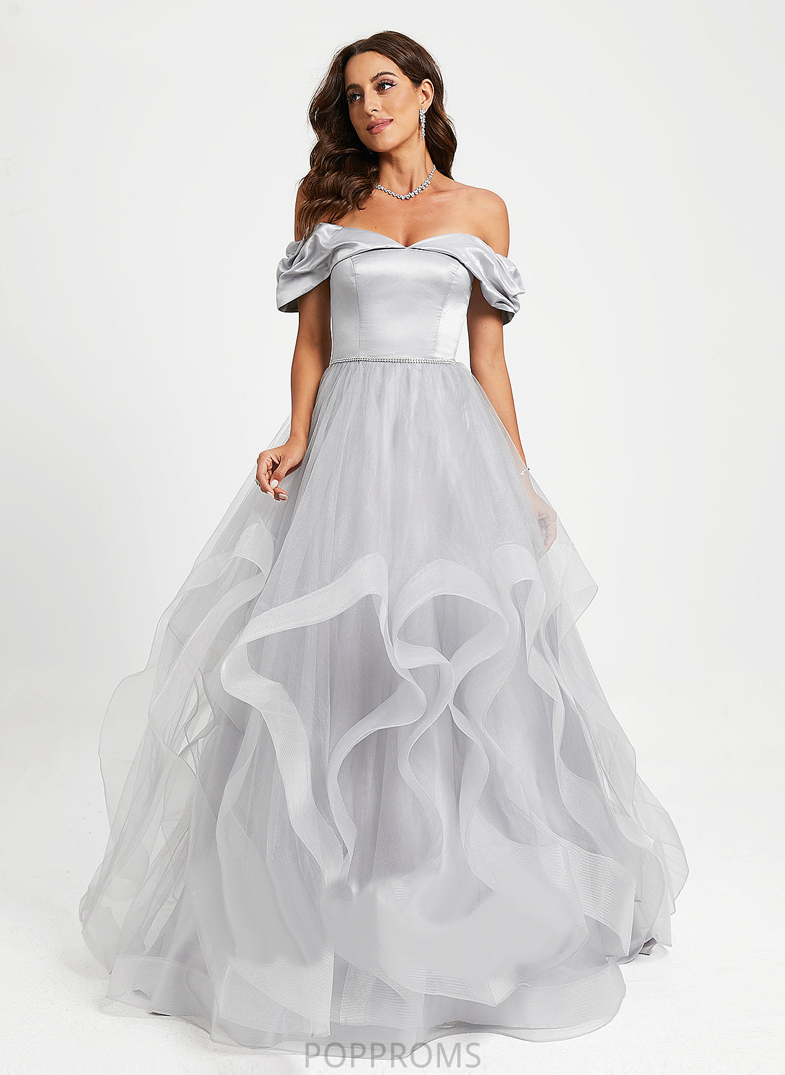 Train Satin Prom Dresses Winifred Off-the-Shoulder Tulle Ball-Gown/Princess Sweep