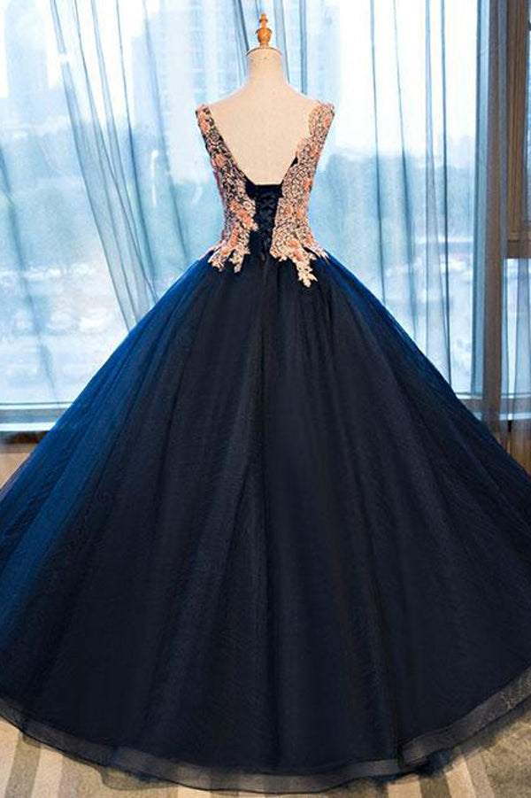 Navy Blue Ball Gown Floor Length V Neck Sleeveless Lace Up Floral Prom Dresses