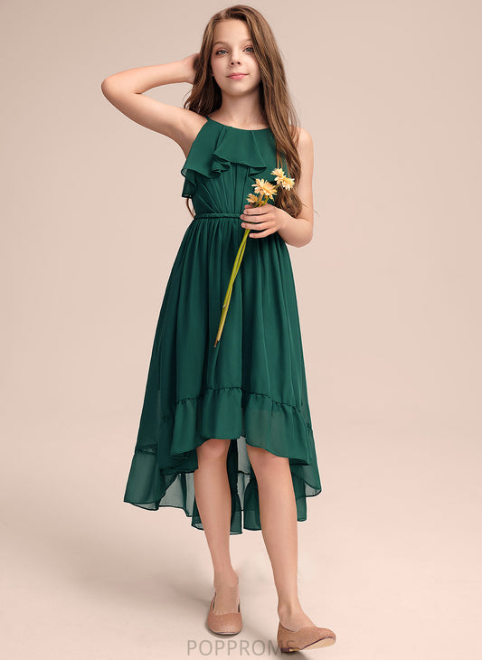 With Ruffles Cascading A-Line Asymmetrical Cristina Junior Bridesmaid Dresses Chiffon Scoop Neck