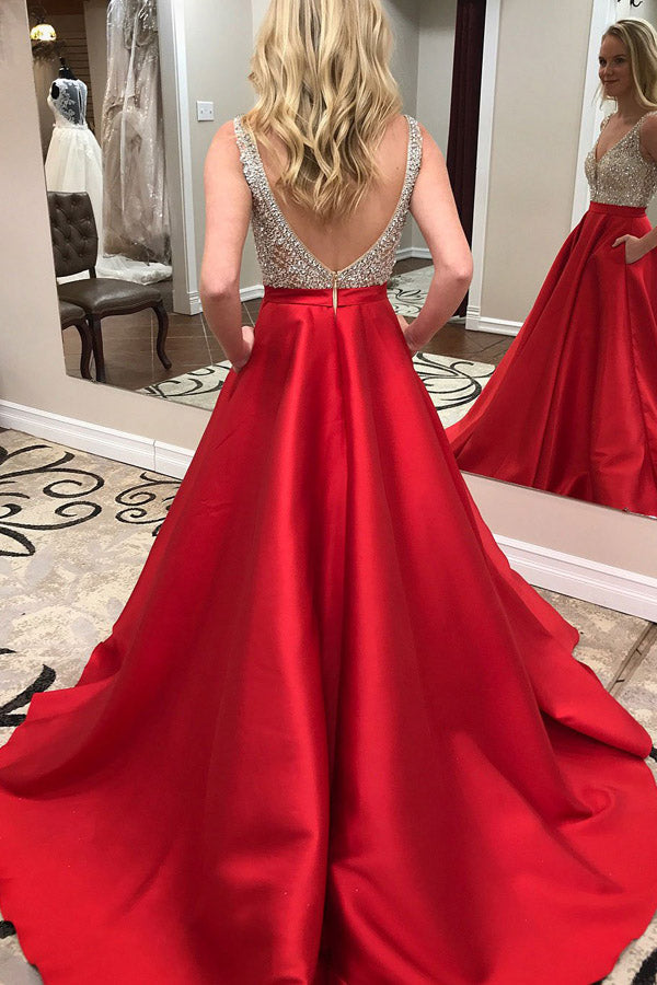 Red A Line Court Train Deep V Neck Backless Sleeveless Beading Prom Dresses