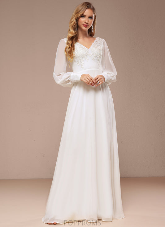 Sequins Floor-Length Wedding A-Line Lace With Chiffon Dress Wedding Dresses Una V-neck