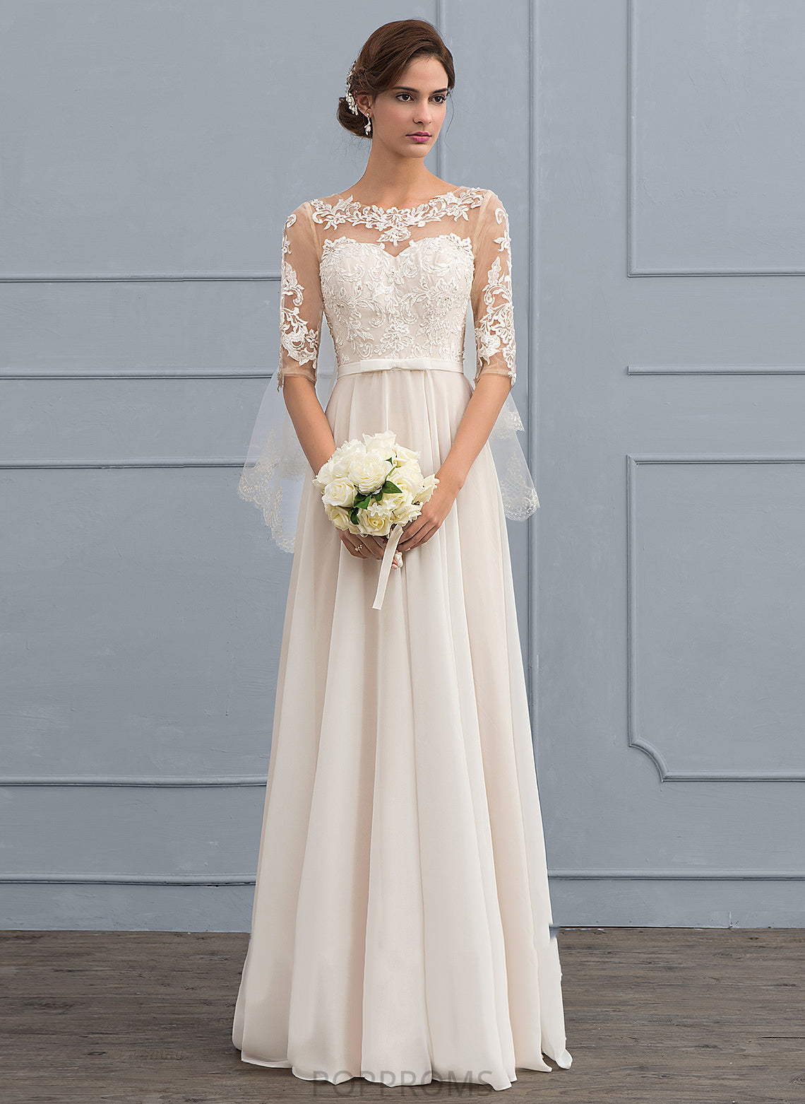 Wedding Wedding Dresses Bow(s) Dress Beading Ansley Chiffon Floor-Length Lace Sequins Illusion With A-Line