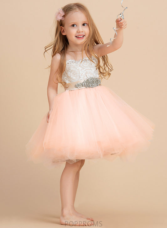 Flower Sleeveless Flower Girl Dresses A-Line Dress (Undetachable With Girl Beading Daniela Satin/Tulle/Lace Neck Scoop Knee-length - sash)