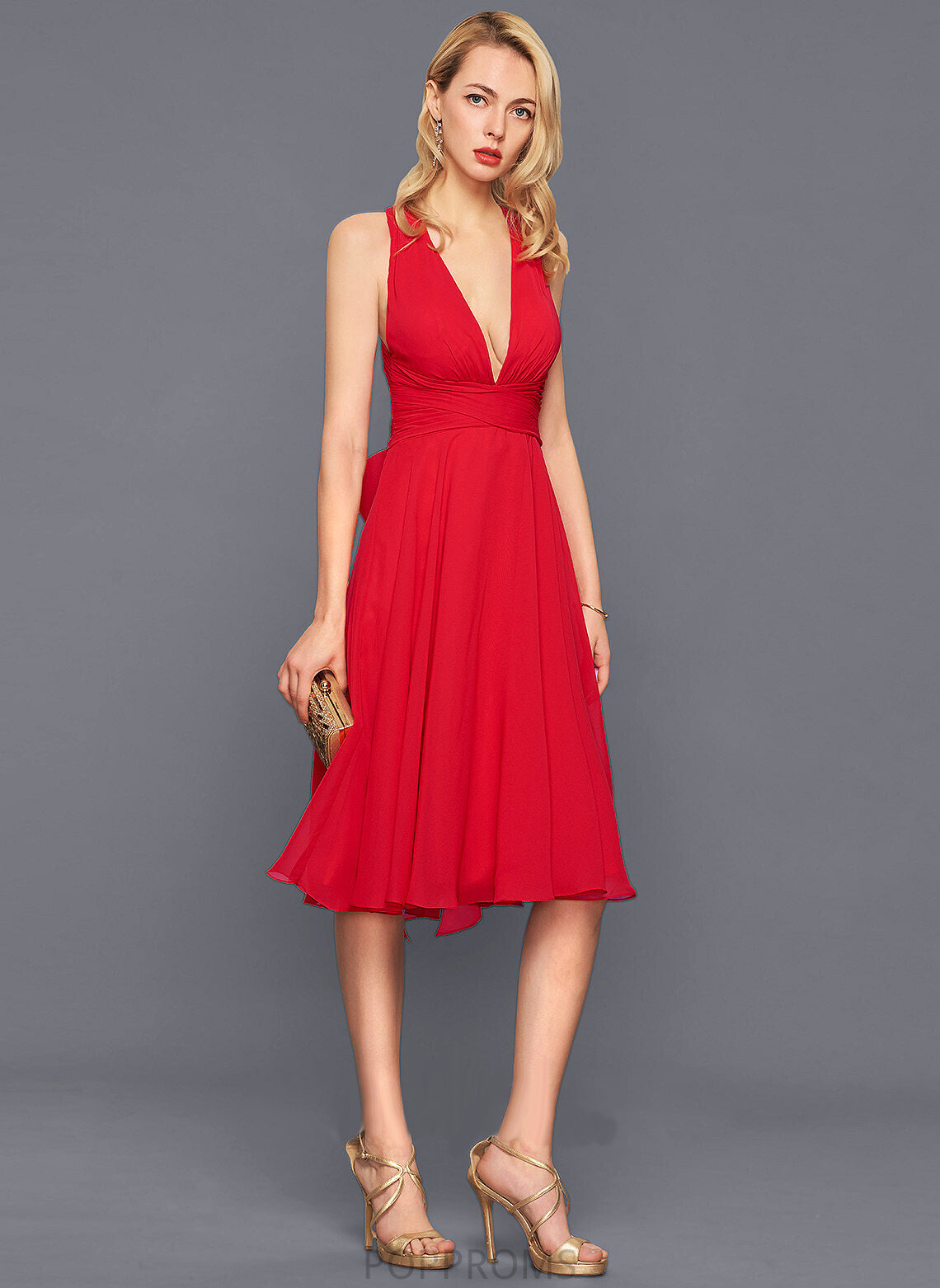 With Ruffle A-Line Cocktail Dress Bow(s) Kelsie Knee-Length Cocktail Dresses V-neck Chiffon