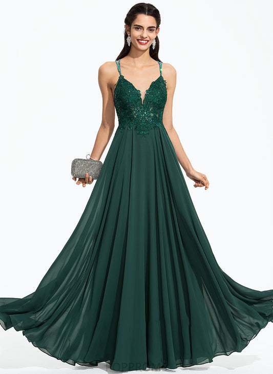 Sequins Beading Isabela V-neck Floor-Length Prom Dresses With A-Line Chiffon