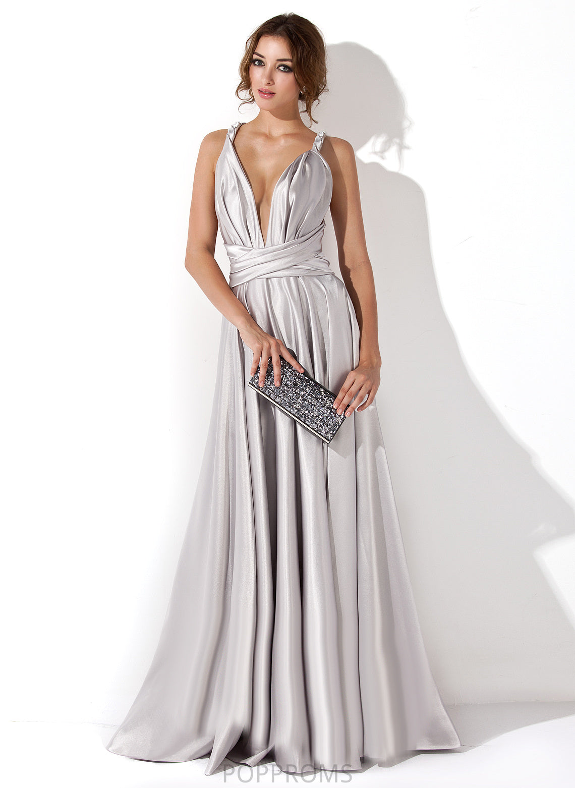 V-neck Pleated Charmeuse A-Line With Prom Dresses Floor-Length Bria