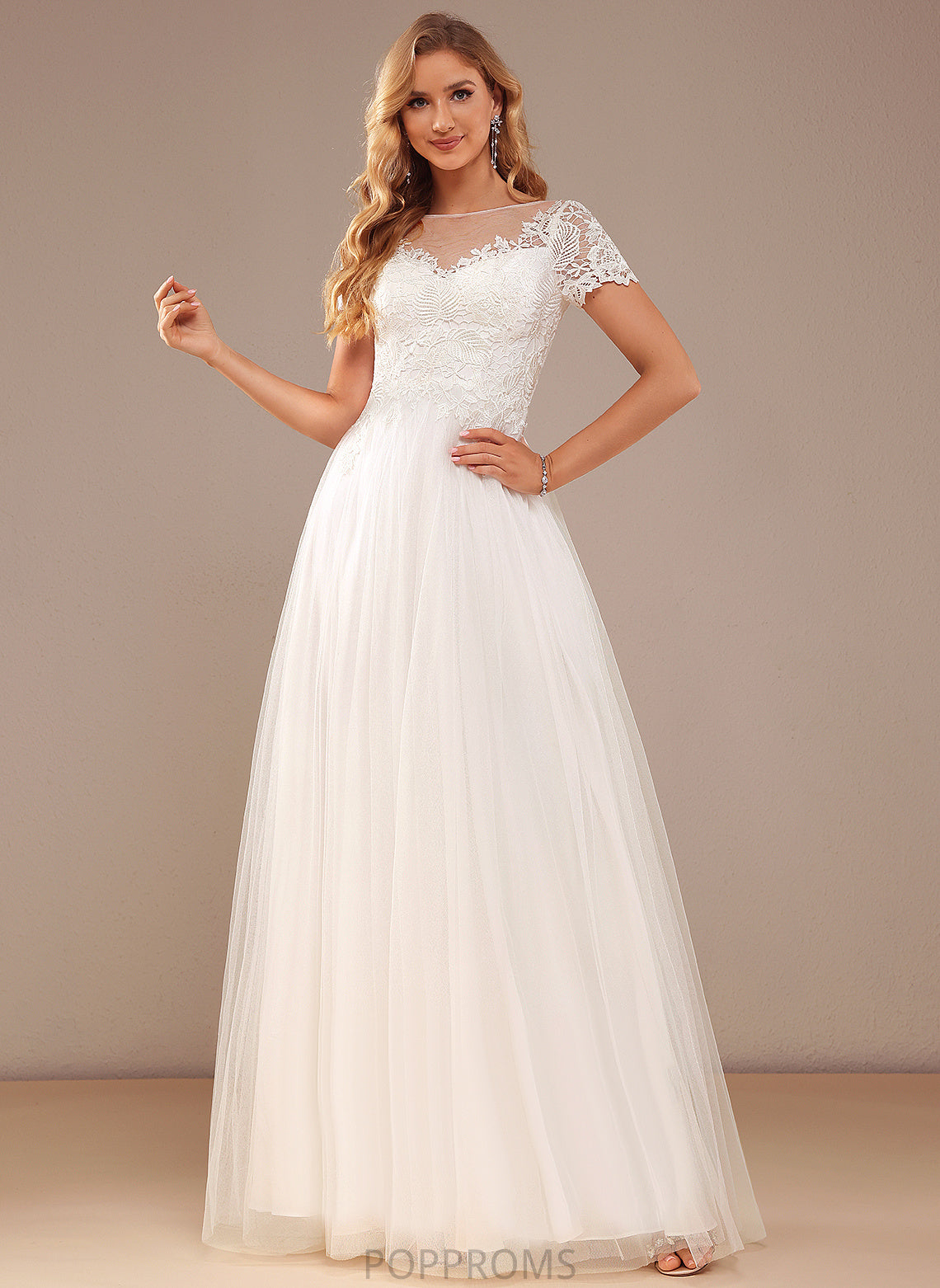 Wedding Lace Floor-Length Wedding Dresses Tulle Scoop Lace Neck Keely With Dress A-Line