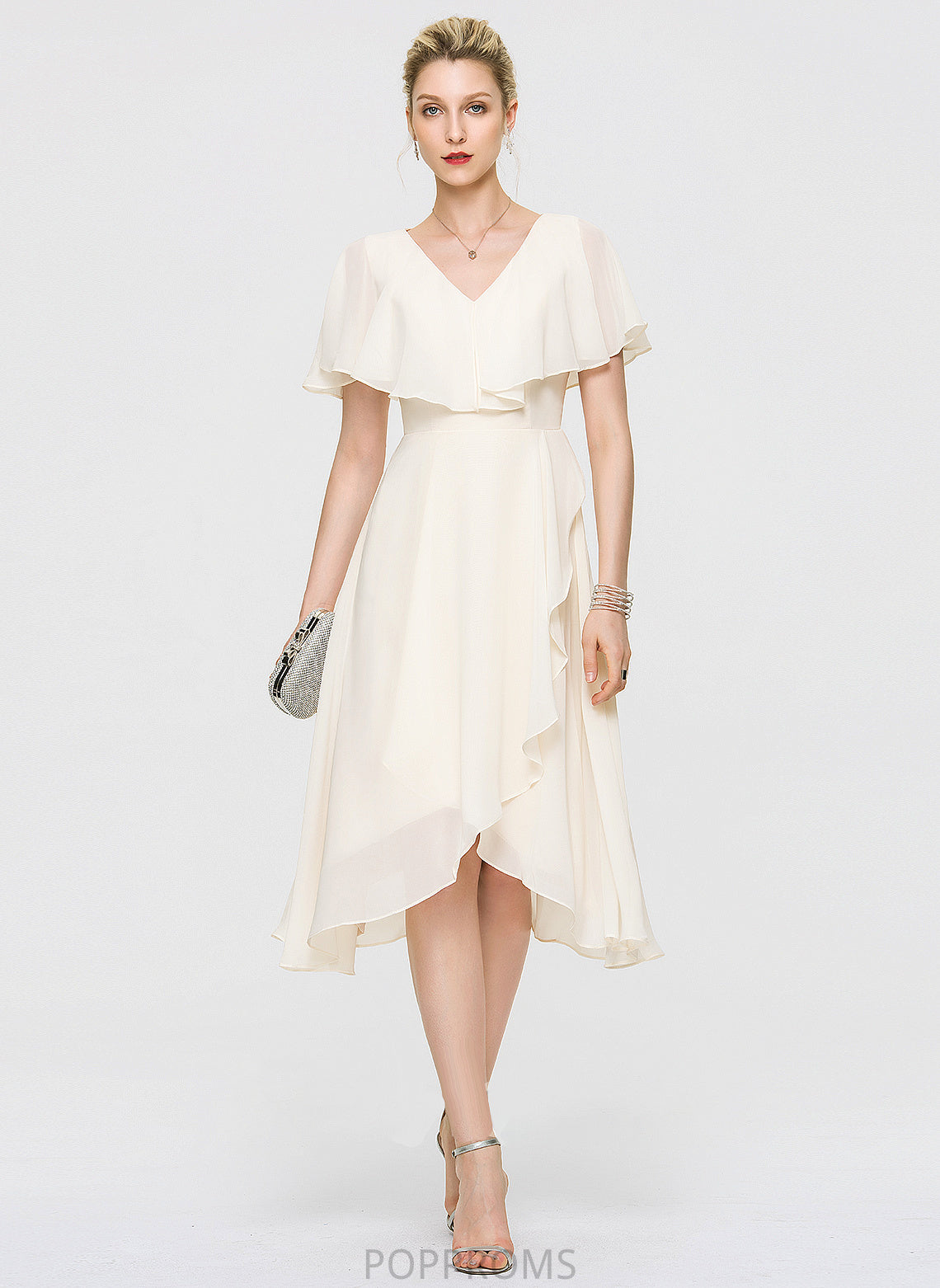 Wedding A-Line Dress With Ruffles Cascading Wedding Dresses V-neck Asymmetrical Chiffon Bow(s) Cornelia