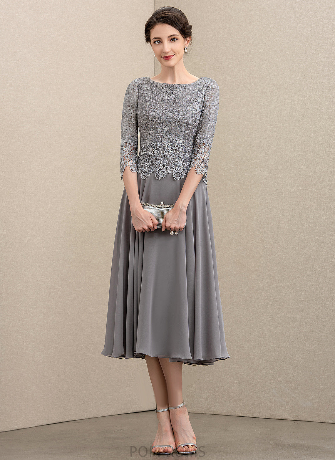 Lace Scoop A-Line the Bride Mother of the Bride Dresses Mother Tea-Length Dress of Lilly Chiffon Neck