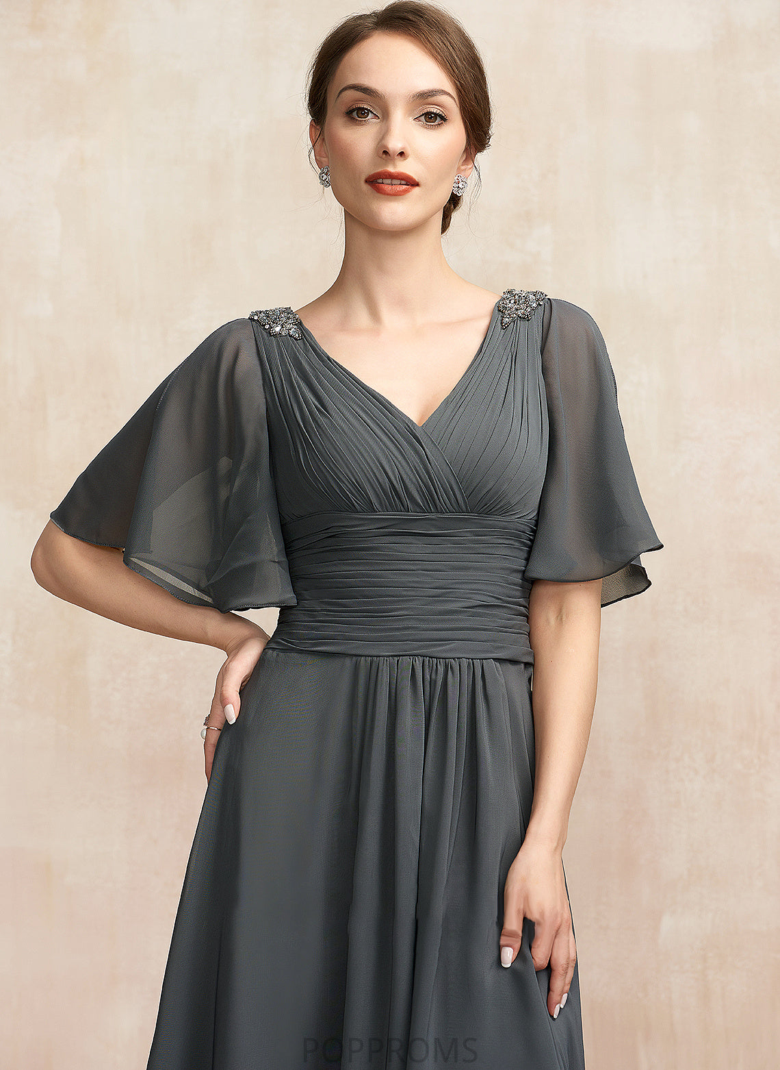 Beading Mother of the Bride Dresses Chiffon Annabel Asymmetrical Dress Mother A-Line Ruffle the With of V-neck Bride