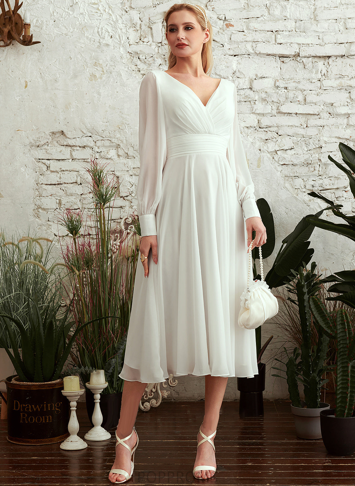 Wedding Dresses A-Line Yaritza V-neck Wedding Tea-Length Dress