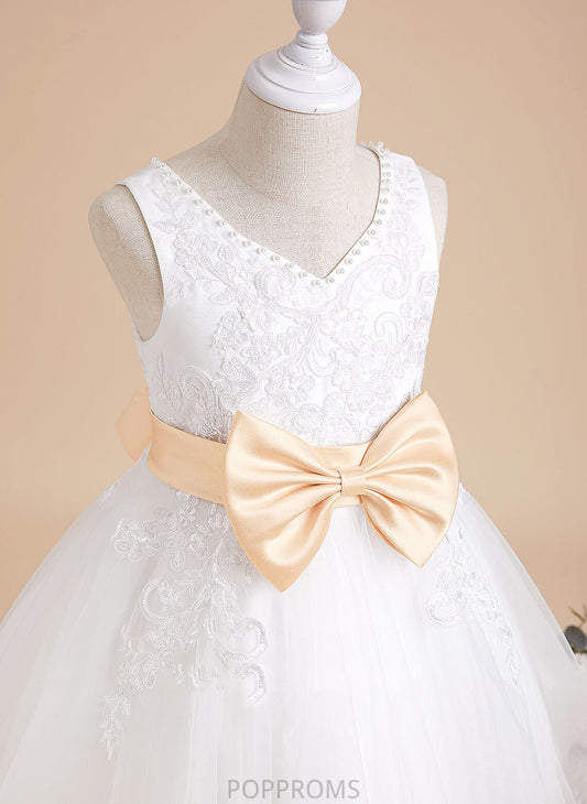 With Sash/Beading/Bow(s) Girl A-Line Flower Knee-length Tulle/Lace V-neck Dress Flower Girl Dresses Sleeveless - Kaylin