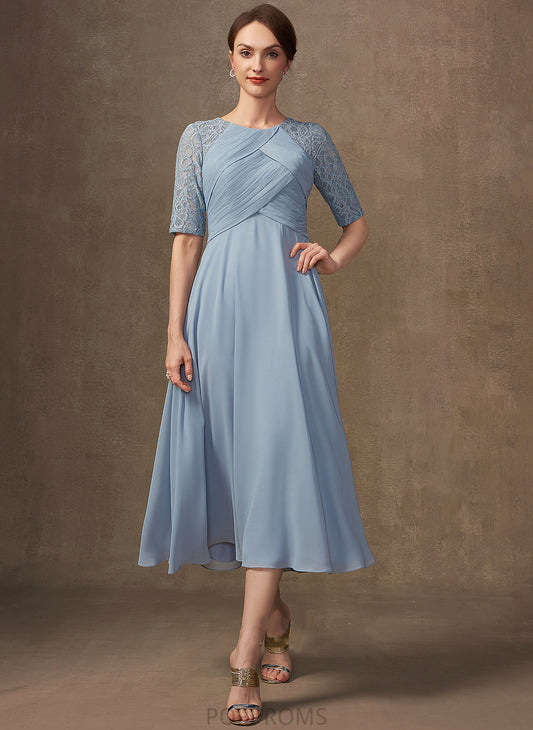 Lace Mother Tea-Length of With Mylie Scoop the Mother of the Bride Dresses Neck A-Line Dress Bride Chiffon Ruffle