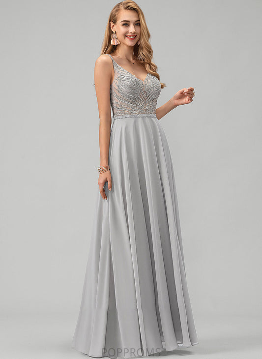 A-Line With Prom Dresses V-neck Beading Heidy Floor-Length Sequins Chiffon