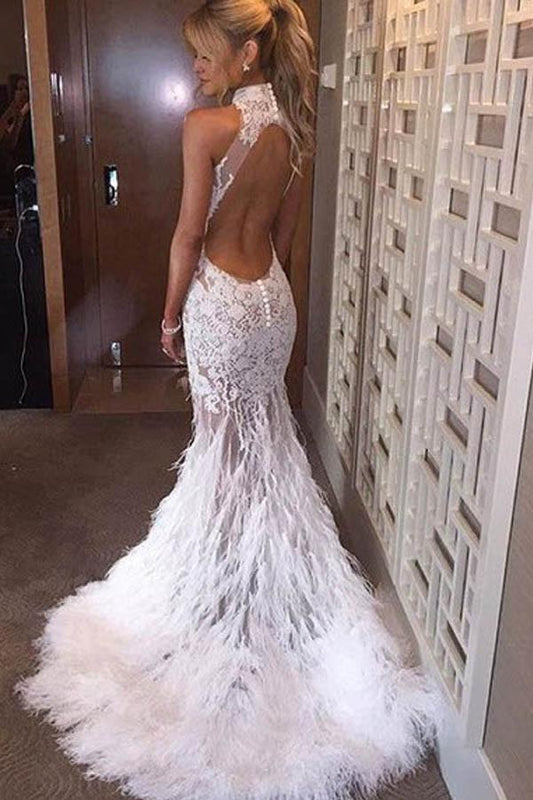 White Halter Sleeveless Mermaid/Trumoet Court Train Open Back Prom Dresses