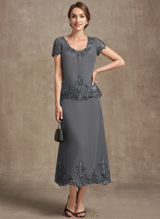 Mother of the Bride Dresses of Sequins Chiffon the A-Line Dress Lace With Scoop Tea-Length Helga Bride Neck Mother