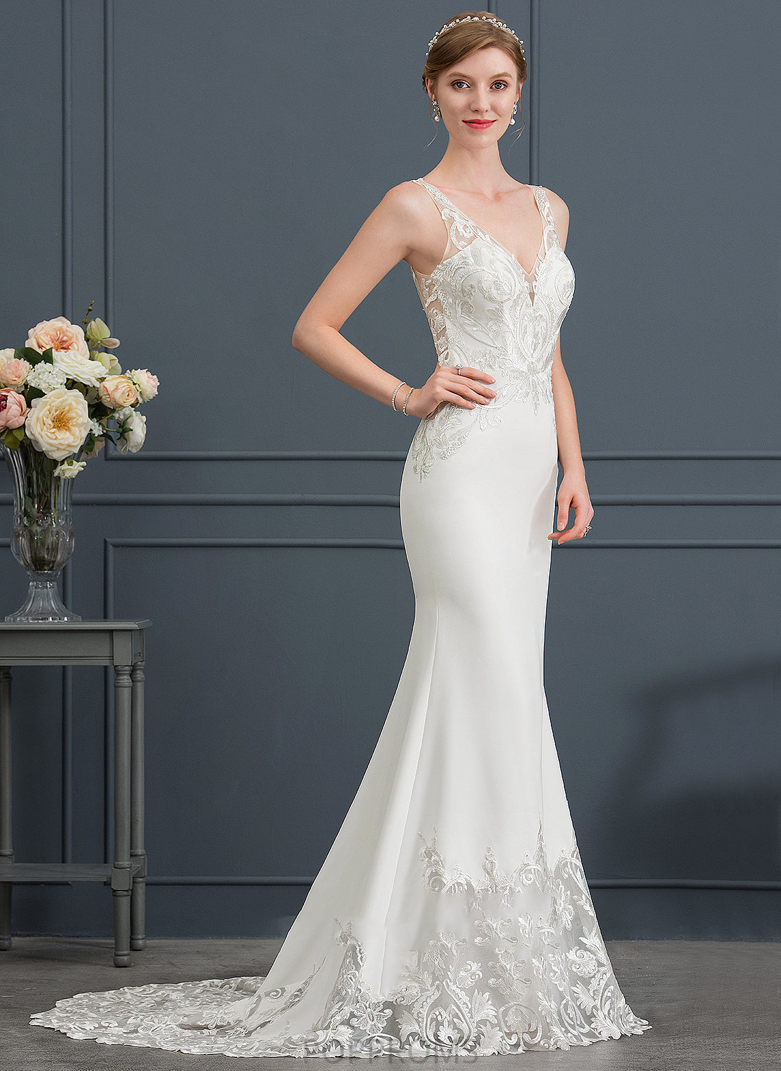 Haleigh V-neck Crepe Wedding Dresses Trumpet/Mermaid Train Dress Wedding Stretch Court