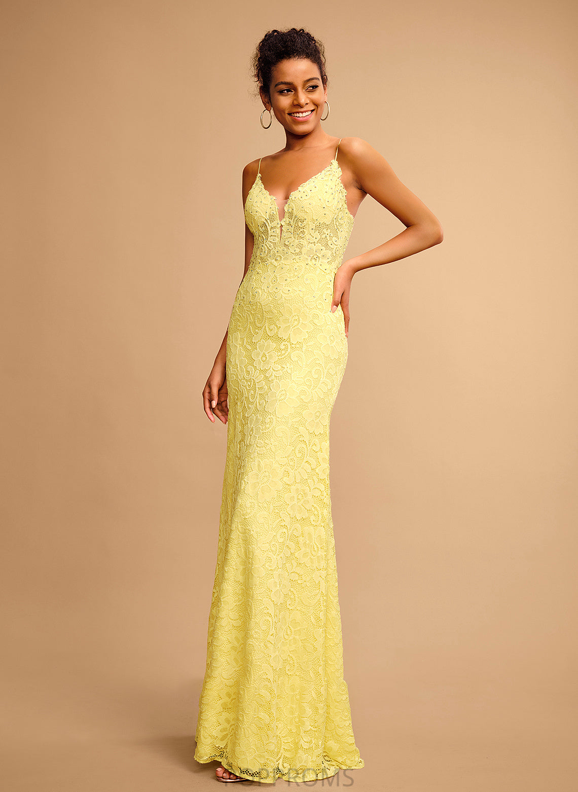 With V-neck Michaelia Sheath/Column Beading Lace Prom Dresses Floor-Length