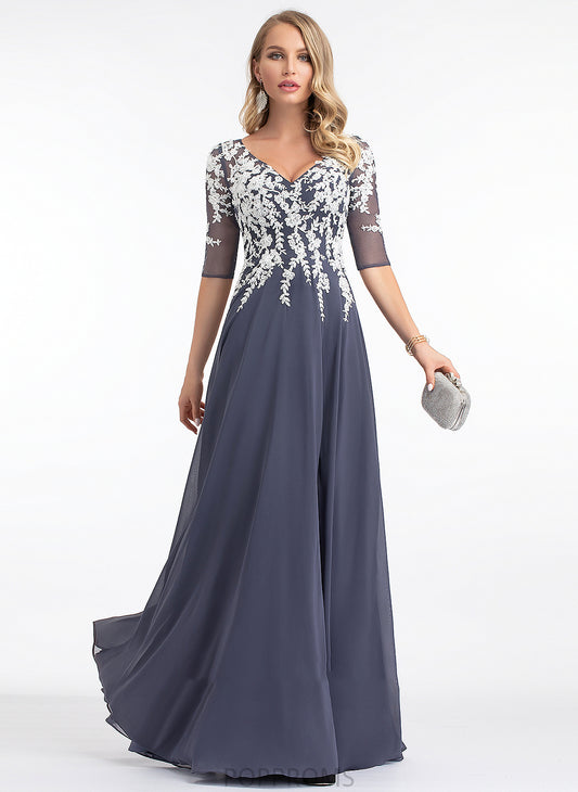 Floor-Length Sequins Chiffon Front Prom Dresses Aubrey V-neck Split A-Line With