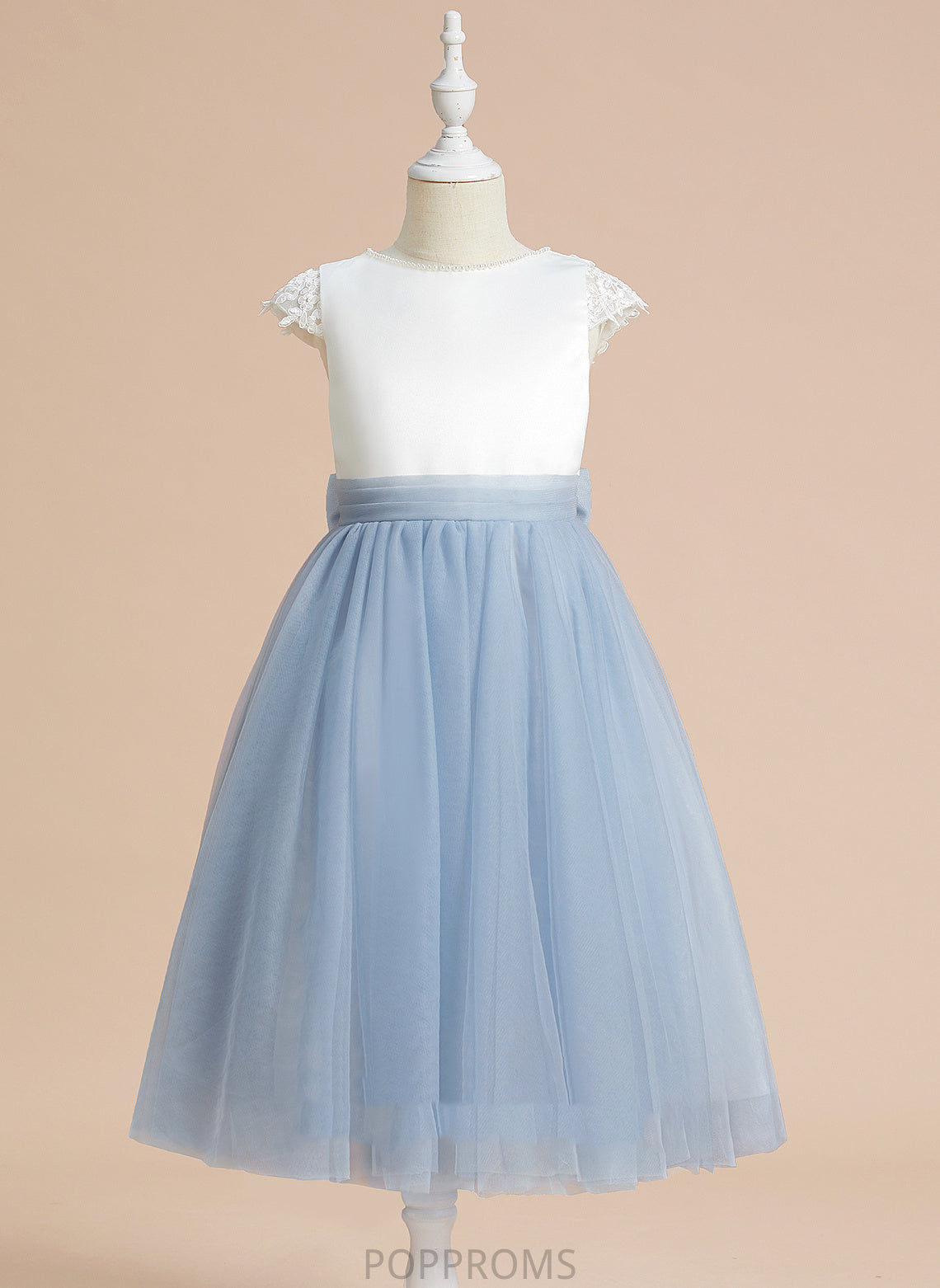 Neck Flower Girl Dresses - Flower Nathaly Girl Tea-length Scoop Lace/Bow(s) Satin/Tulle With Sleeveless A-Line Dress