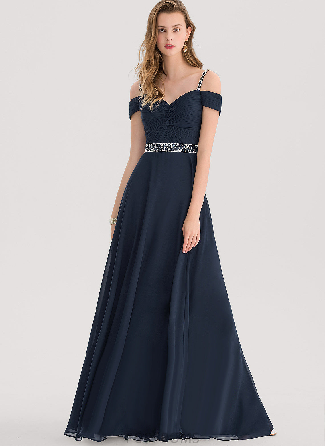 Shoulder Floor-Length Prom Dresses Beading Pleated Chiffon With Sequins Cold Isabel V-neck A-Line