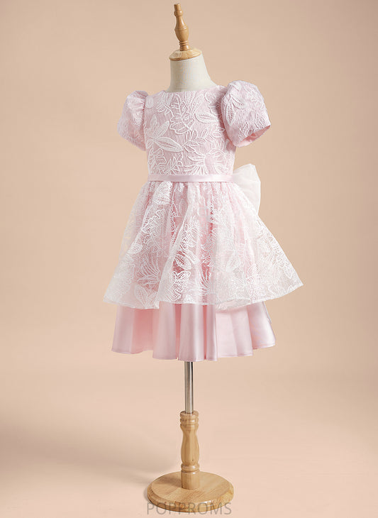 With Dress Flower Knee-length Short Meg Sleeves Girl Scoop Neck - A-Line Satin/Tulle Lace/Sequins/Bow(s) Flower Girl Dresses