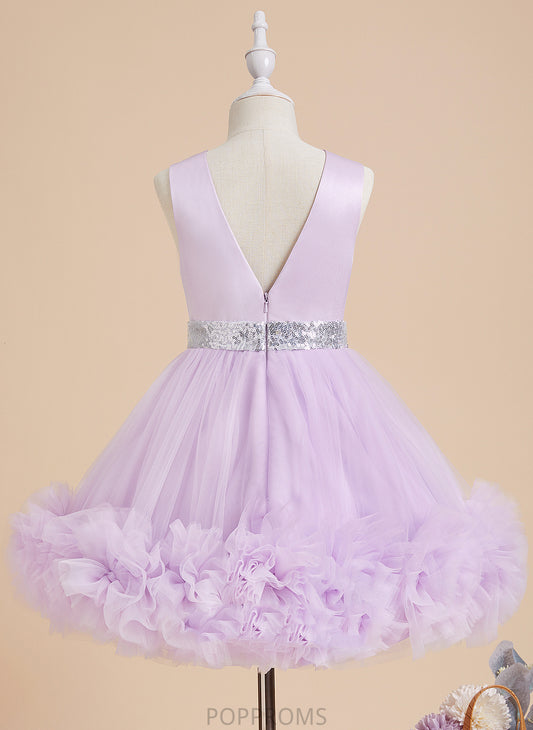 With Flower - Alena Flower Girl Dresses Scoop Ball-Gown/Princess Girl Knee-length Sleeveless Neck Satin/Tulle Dress Flower(s)/Sequins