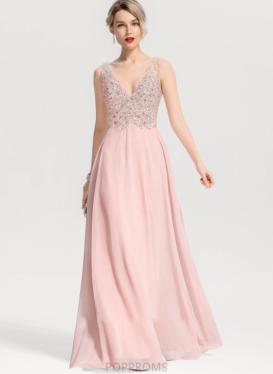 Sequins A-Line Chiffon Beading Prom Dresses Split V-neck With Front Floor-Length Alexandria