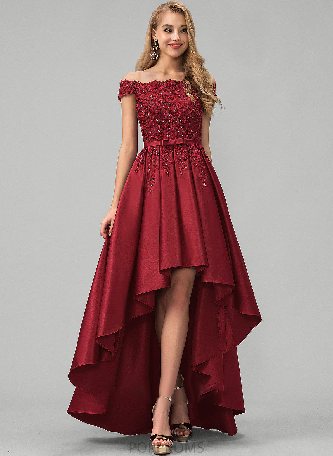 Satin Beading Off-the-Shoulder Bow(s) With Prom Dresses Sequins Asymmetrical Lace Cristina Ball-Gown/Princess