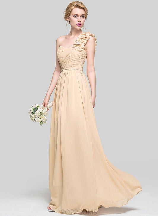 Fabric Length Silhouette Embellishment Ruffle Floor-Length One-Shoulder A-Line Flower(s) Neckline Abagail Spaghetti Staps Bridesmaid Dresses