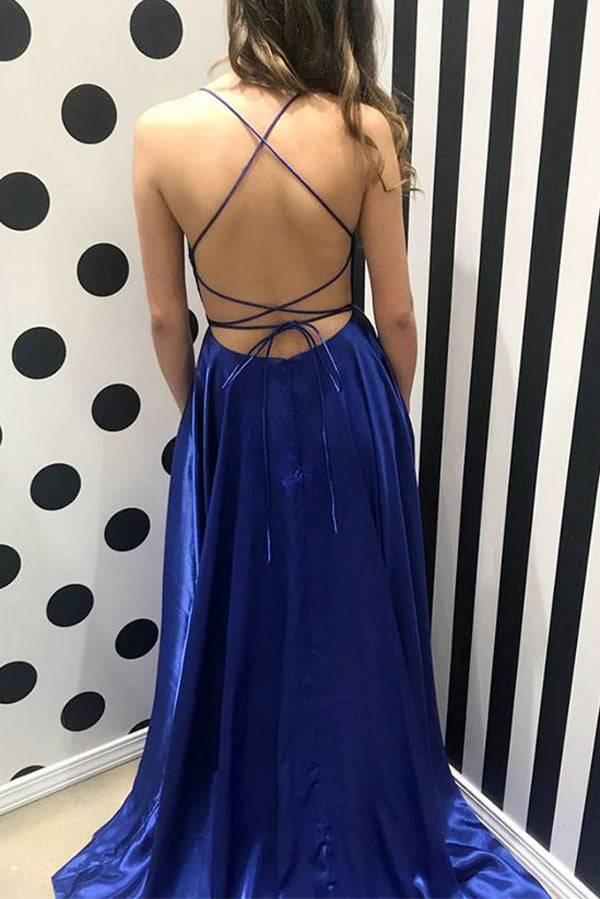 Royal Blue A Line Brush Train Sleeveless Backless Side Slit Prom Dresses