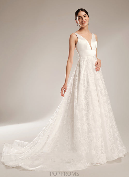 Ball-Gown/Princess Wedding Dresses Lace Dress V-neck Wedding Chapel Satin Susie Train