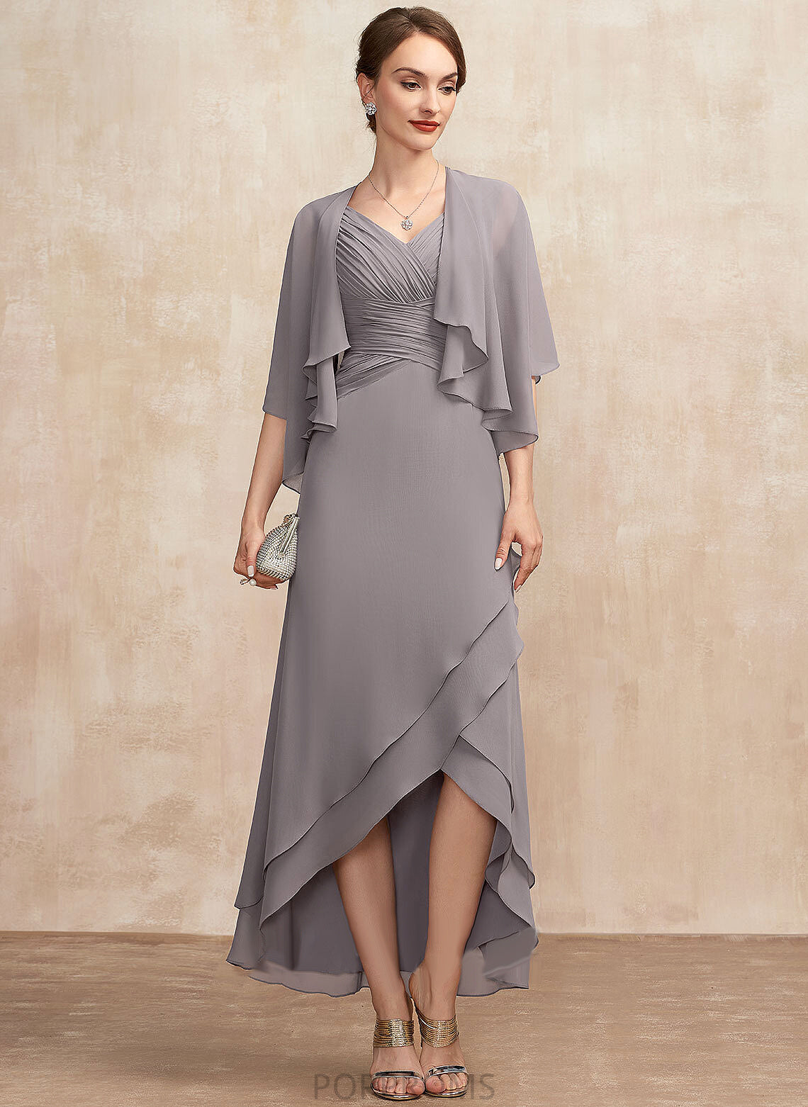 Chiffon Bride Mother of the Bride Dresses A-Line Ruffle Sandy the Dress V-neck of With Mother Asymmetrical