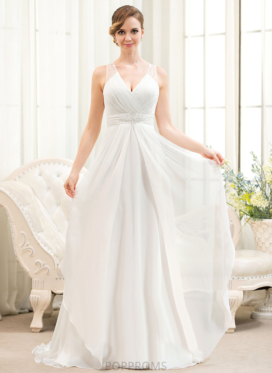 V-neck A-Line Cheyenne Dress With Cascading Wedding Sweep Beading Sequins Chiffon Tulle Wedding Dresses Train Ruffles