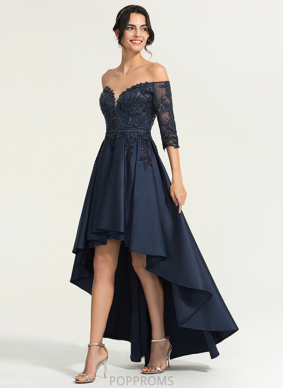 Asymmetrical Sequins Off-the-Shoulder Regina A-Line Lace With Satin Prom Dresses