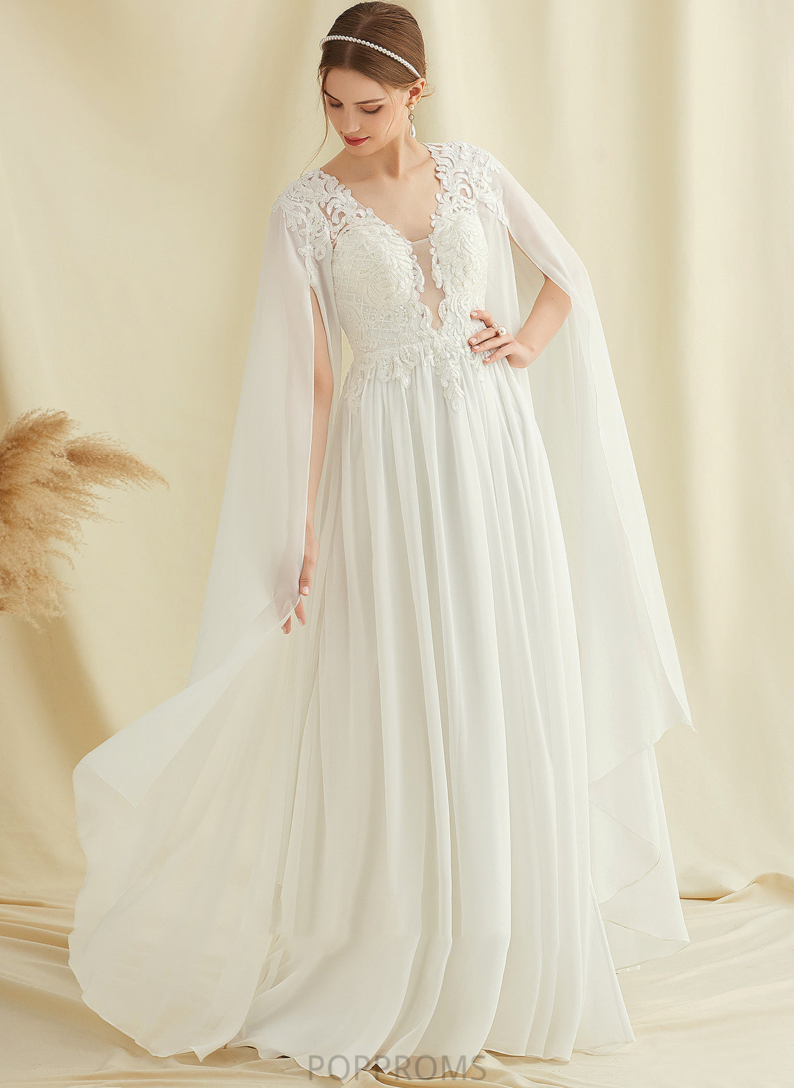 V-neck A-Line Sequins Wedding Lace Floor-Length With Mikayla Wedding Dresses Chiffon Dress