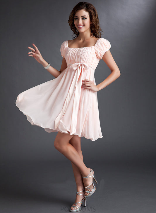 Short/Mini Square Neckline Ruffle A-Line Dress Homecoming Dresses Homecoming Beading With Bow(s) Chiffon Akira