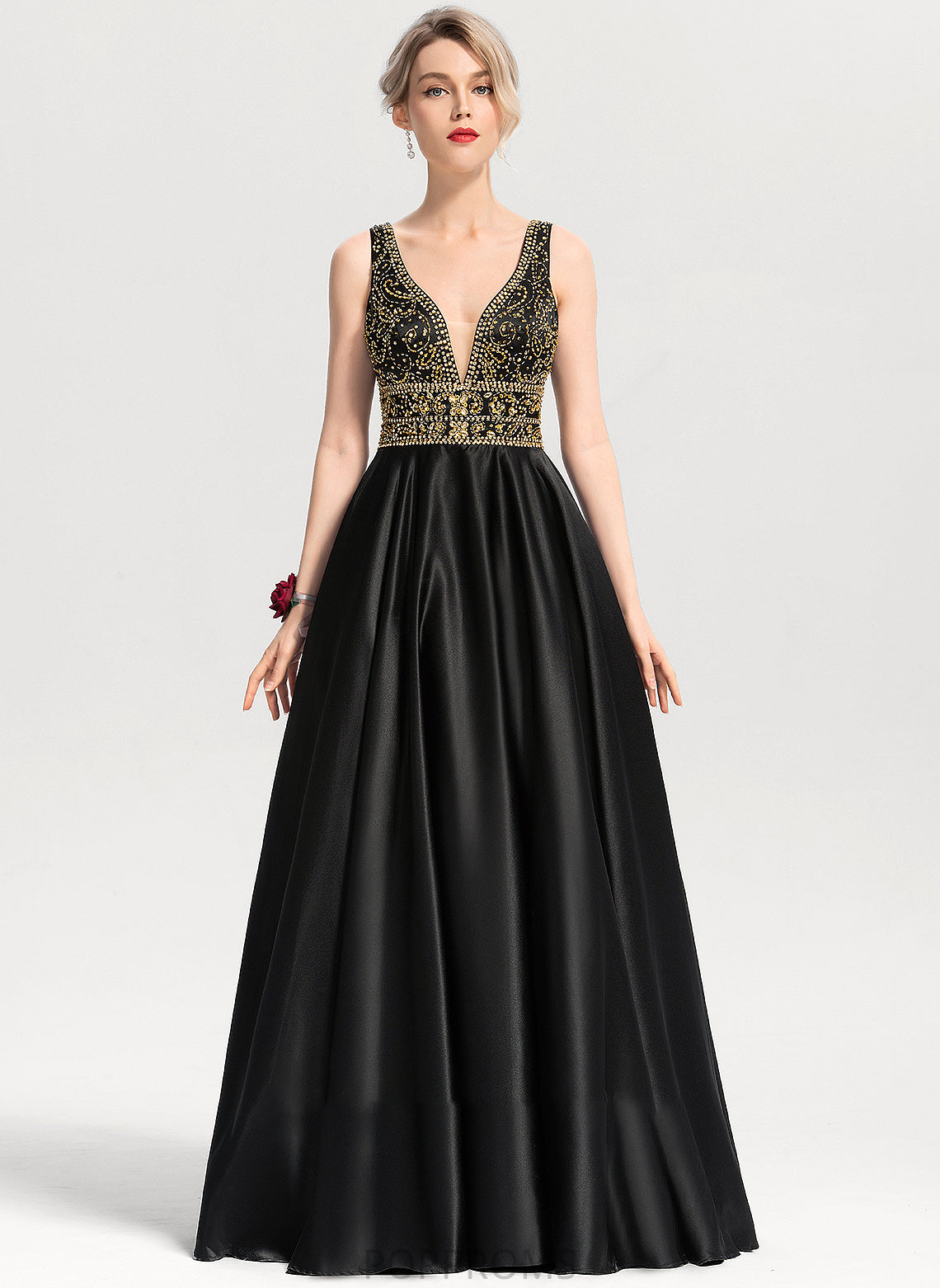 With V-neck Sequins Prom Dresses Floor-Length Satin Amaris Beading Ball-Gown/Princess