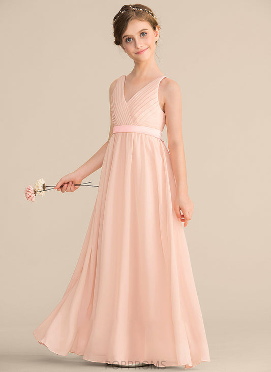 With Ruffle Floor-Length Bow(s) Junior Bridesmaid Dresses Chiffon A-Line V-neck Monserrat