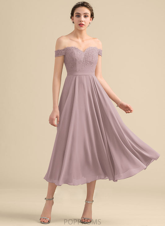 Silhouette Tea-Length Sequins Off-the-Shoulder A-Line Embellishment Length Fabric Beading Neckline Lena Sleeveless Bridesmaid Dresses