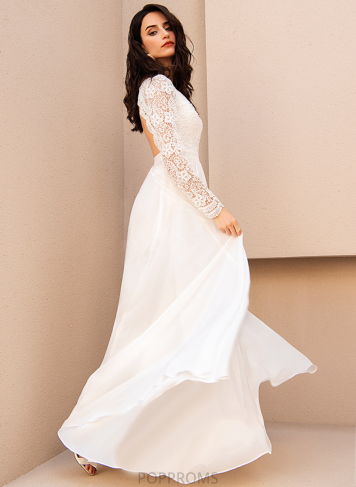 V-neck Chiffon A-Line Wedding Dresses Wedding Dayami Dress Floor-Length Lace