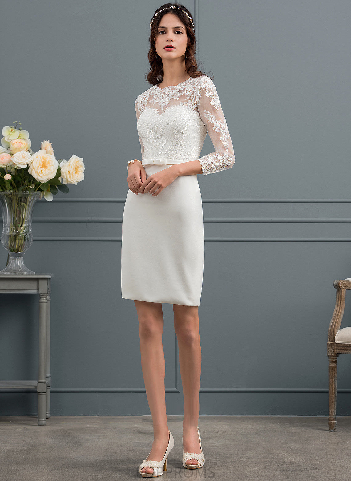 With Wedding Dresses Illusion Sheath/Column Sequins Dress Stretch Wedding Knee-Length Sierra Crepe Bow(s)