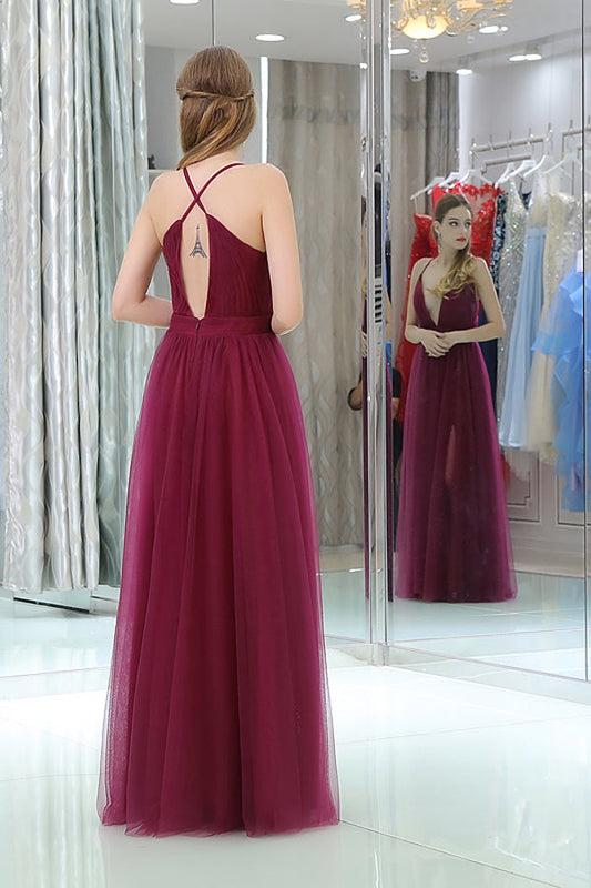 Burgundy A Line Floor Length Deep V Neck Sleeveless Side Slit Prom Dresses