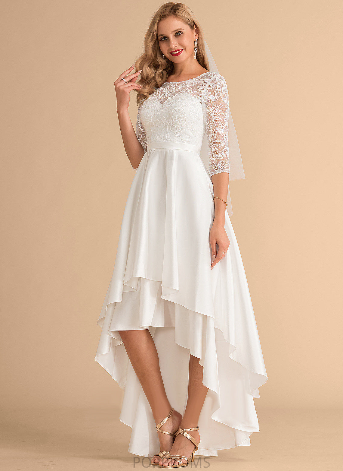 A-Line Satin Wedding Dresses Dress Asymmetrical Lace Scoop Aryanna Wedding