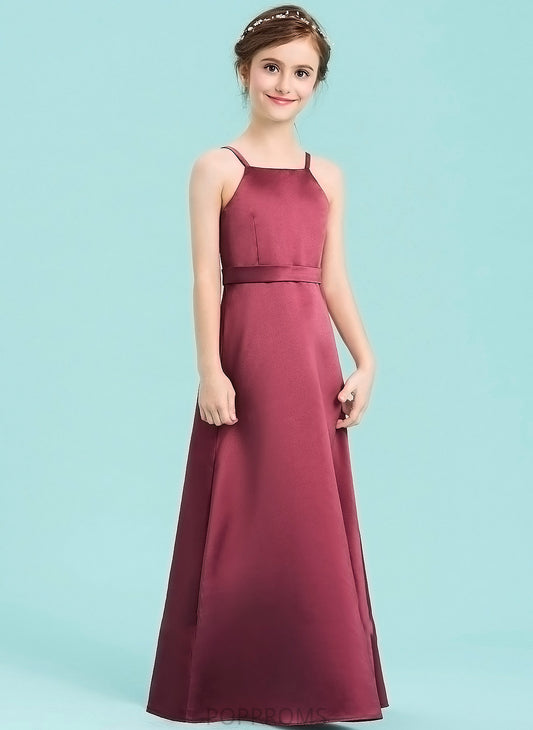 With Bow(s) Floor-Length A-Line Selena Square Satin Junior Bridesmaid Dresses Neckline