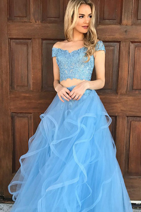 Blue A Line Floor Length Off Shoulder Short Sleeve Appliques Beading Prom Dresses