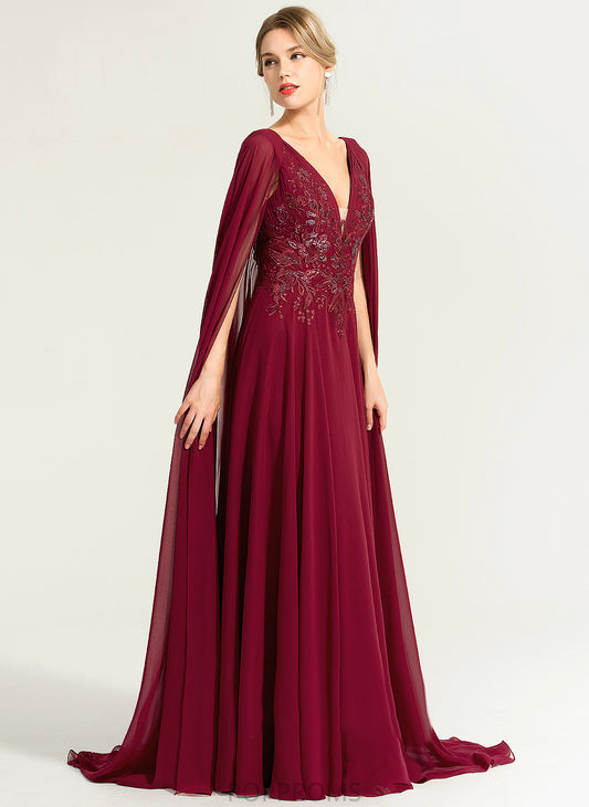 Wedding Floor-Length Wedding Dresses With Chiffon V-neck Dress Sequins Jacqueline A-Line Lace